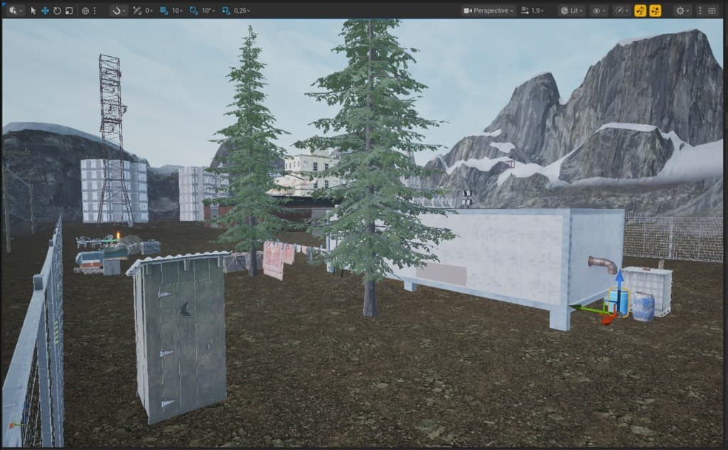 Mountain outpost — asset placement pass