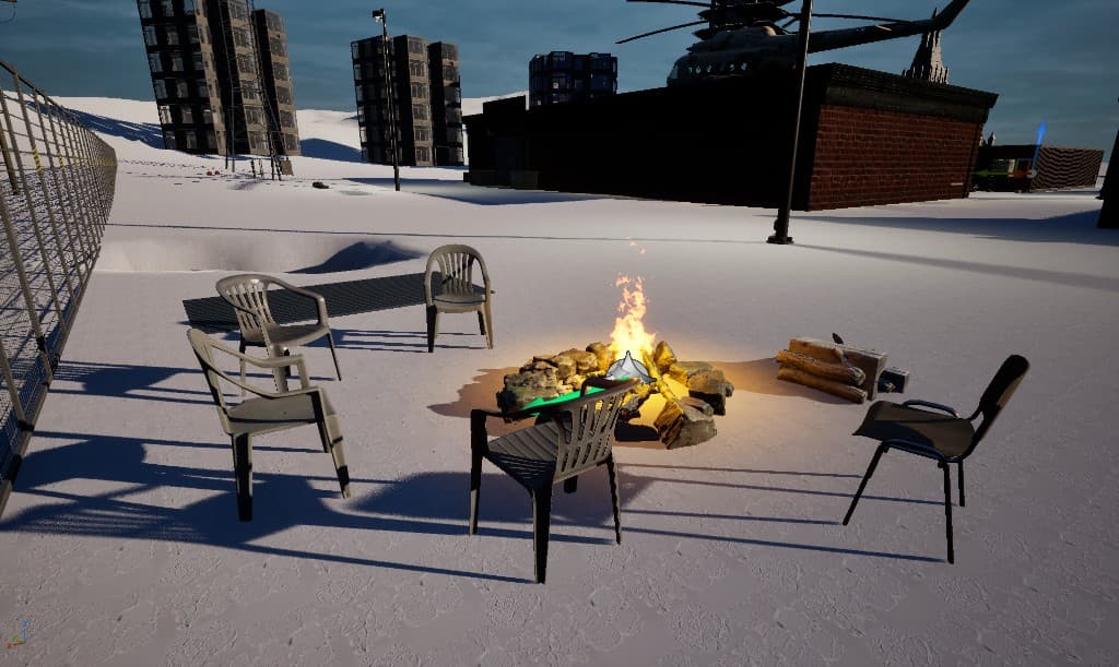 Snow camp — rooftop gunship & campfire