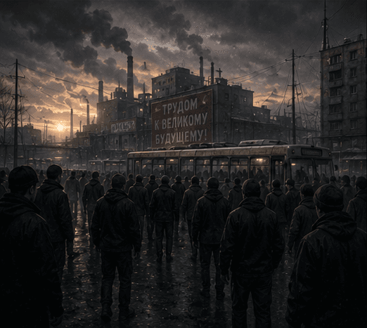 Factory gate queue — dawn shift