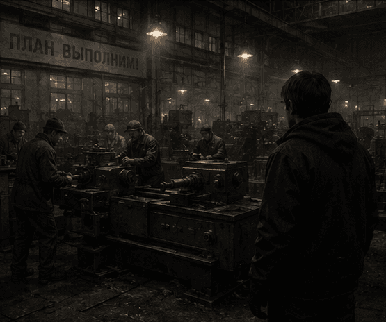 Soviet factory floor — night shift