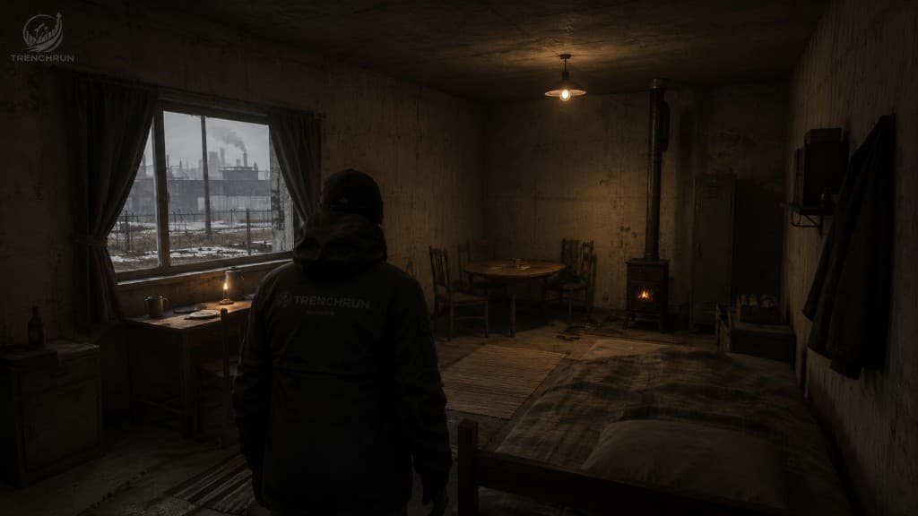 Bleak apartment — factory skyline view
