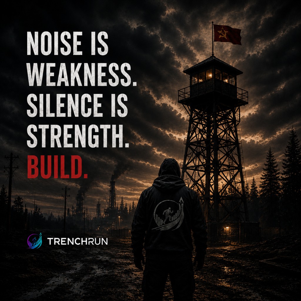 Epoch I — the trench: silence and strength; operator facing the tower under a storm-lit sky — noise is weakness, silence is strength.